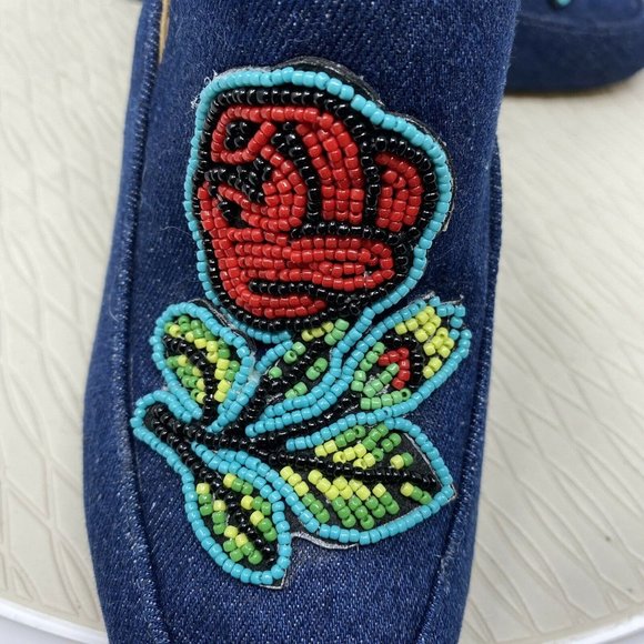 Ana Sui INC Heels 6 Denim Floral Mules Slip On Shoes Blue Beaded Pumps - Picture 7 of 12